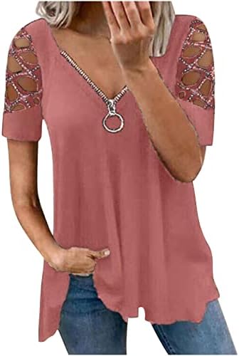 Qcemeni ženski tunički vrhovi plus veličine šuplje rhinestones kratki rukav Zip V izrez majica Ljetna čvrsta bluza labava tinejdžeri