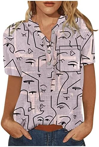 Ayaso Trendi tiskani vrhovi za žene Gumb Up Up majice kratkih rukava Prednji džep V izrez Ležerne košulje za vježbanje Ters Bluzes