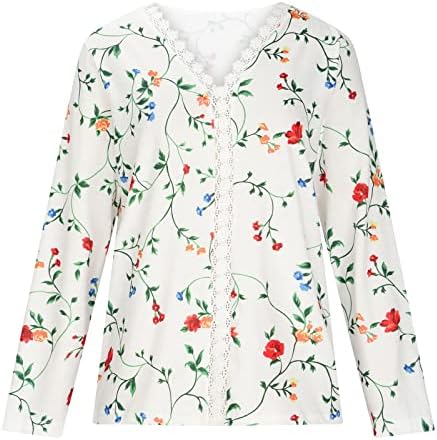 Majice s dugim rukavima za žene Jesen Dressy cvjetni ispis Crochet čipkasti obloga V izrez Bluza Ležerne prilike labave tuničke vrhove