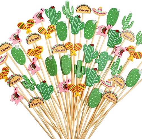 Fiesta Cupcake Toppers Mexican Fiesta Asortirani tropski koktel čačkalica Llama Cactus Meksički šešir Hat Handmade Bamboo za zube
