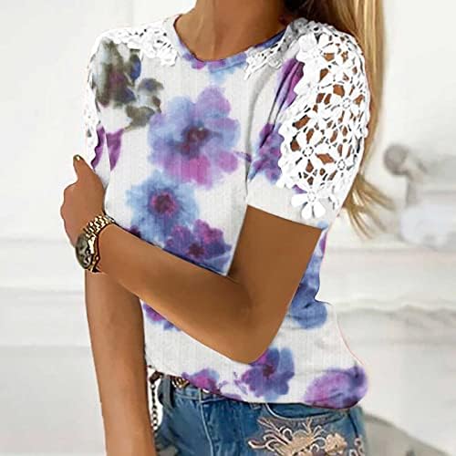 Majice za žene cvetne štampe letnje majice, ženske čipkaste kratke rukave tunike majice, tanke Ležerne majice bluza Tee