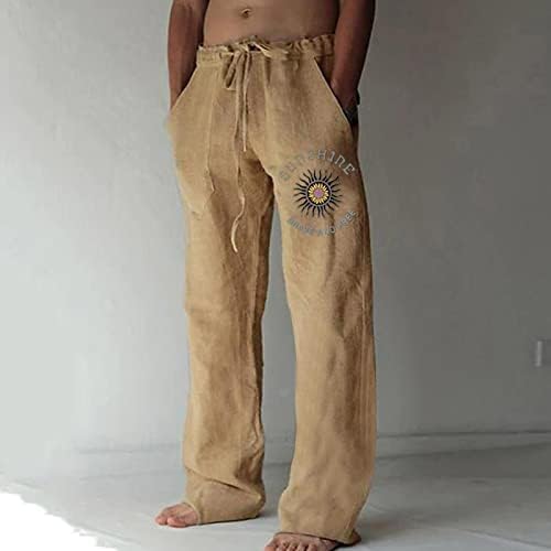Muške hlače, muške povremene pamučne posteljine hlače za nacrtavanje elastičnih struka ispisane ravne plaže labave joge pantalone