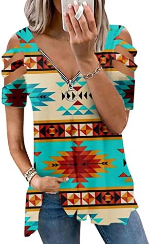 Ženski sa patentnim zatvaračem V izrez Vrhunski etnički print retro kratkih rukava Tunic Tunts casual labavi fit Flowy Flare bluza