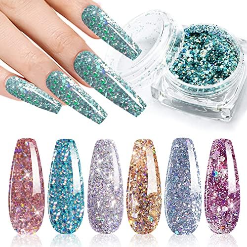 Holografski Nail Art Glitter šljokice, 6 kutija 3D Mermaid Flake nokti Glitter, Shining Flakes akrilni prah prašine za nokte dekoracija, HJ-ND116