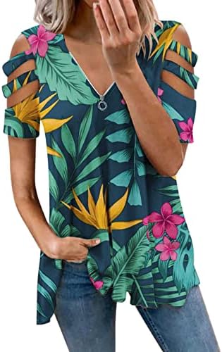 Ženski casual retro cvjetni print Y2K tee, sa patentnim zatvaračem s kratkim rukavima s kratkim rukavima od šuplje od ramena majica