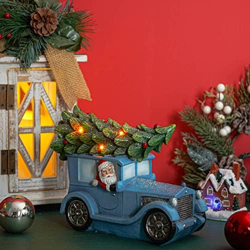 Topadorn Božićni kamion Figurine Santa Claus u automobilu Model sa drvetom TABLETOP LED svjetlo Retro statue Holiday Car Kolekcionarske figurice, Plavi kamion