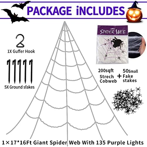 17 * 16ft paukova mreža za Noć vještica 135 Led ljubičasta svjetla osvjetljavaju osvijetljenu trokutastu Džinovsku vodootpornu na