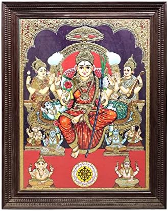Egzotična Indija 43 x 55 slika boginje Rajarajeshwari Tanjore / tradicionalne boje sa 24k zlatom / Teakwood Fram