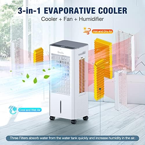 Grelife prijenosni hladnjak zraka, 3-u-1 oscilacijski hladnjak sa ventilatorom i ovlaživačem, 3 brzine vjetra, 3 načina, 12h timer,