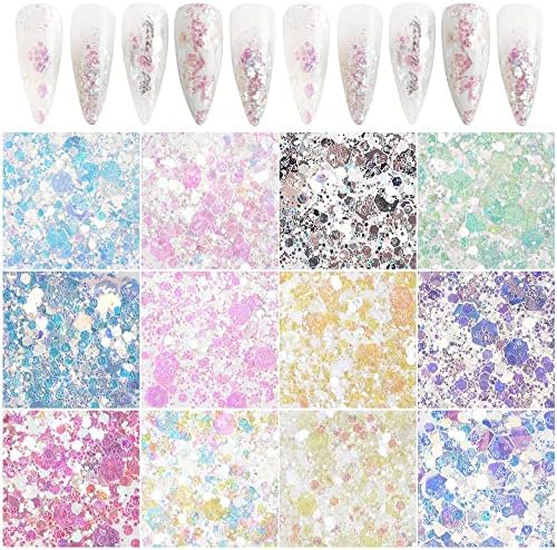 12 kutija za nokte Glitter Mermaid pigment Flakes Mixed Hexagon Sequin Holographic Powder Chunky Glitters, Fb84 24 tegle