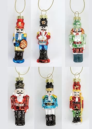 Lillian Vernon Glass Nutcracker Božićni ukrasi - Set od 6, 6 dizajna, ručno puhani, Mini ukrasi za drvo, svečani Kućni dekor,