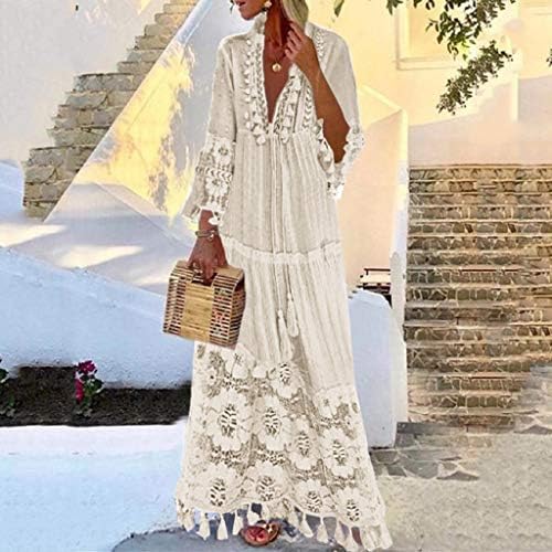 Adhowbew Žene Ležerne prilike s dugim rukavima VAC BOHO LACE Maxi haljina