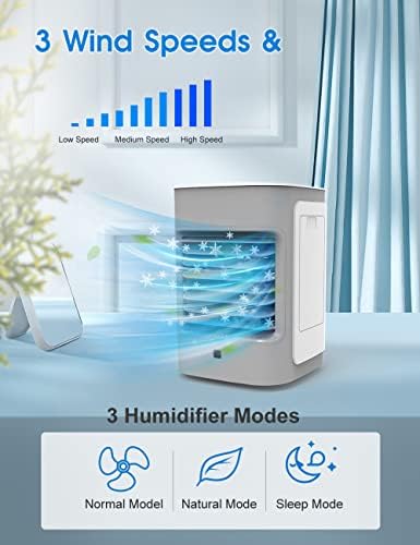 Birspppy prijenosni klima uređaj, isparavajući hladnjak zraka sa 3 brzine, rotacije od 70 °, 7 LED svjetla, mali hladnjak za radnu