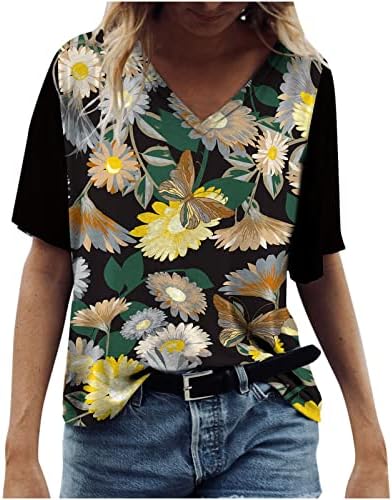 Ženski cvjetni print vintage ljetna casual majica na vrhu kratkih rukava V izrez labavi teeni tunik TEES BOHO Tunic bluza za žene
