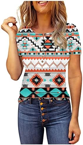 Iuhan Womens Dressy Tops Western Aztec Etni stil Geometrijski print T Majice Kratki rukav V Crt Gumb Up Ženska moda