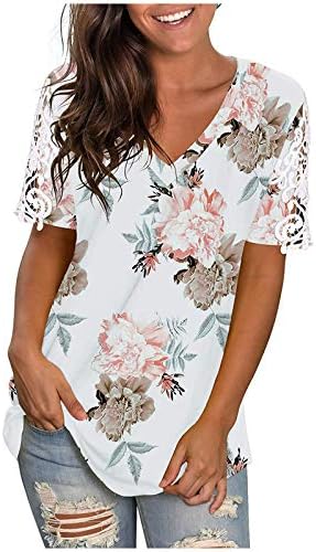 Womens V izrez T košulje cvjetni tiskani sklizirani tunični vrhovi čipke Ljetni tee vrhovi labava bluza Dressy majica