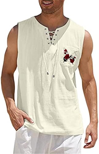 ZDDO MENS pamučni posteljina vrhova majica bez rukava na majica bez rukava V izrez Leptir Print casual opuštena fit plaža Hippie prsluk