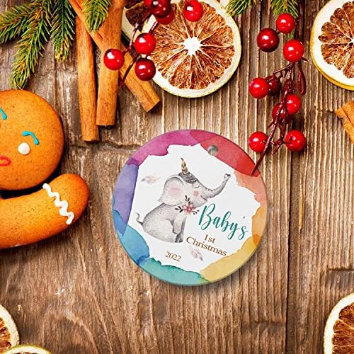 YELUGCI Babys prvi Božićni Ornament 2021-slatki Eleghant Ornamenti 2021 okrugla keramička deca od 3 inča sa poklon kutijom Božić Poklon