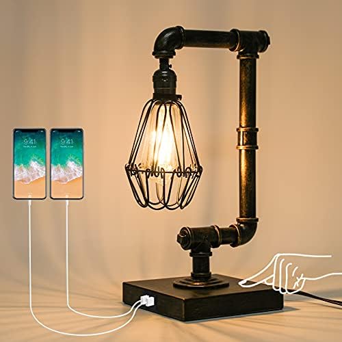 Ganiude Steampunk stolna lampa, Industrijska stolna lampa sa USB portovima, Rustikalna Edisonova sijalica