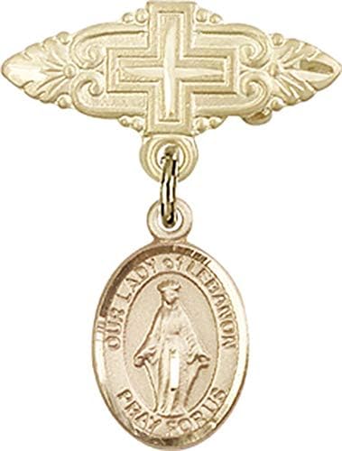 Jewels Obsession Baby Badge sa šarmom Gospe od Libana i iglom za značku sa krstom / zlatom ispunjena bebinom značkom sa šarmom Gospe