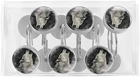 Howling Wolf crno-bijelo slikanje tuš sa zavjesom za zavjese od 12, tuš od nehrđajućeg čelika ukrasni vješalica zvoni otporan na hrđu