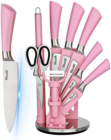 Kuhinjski set noža, 9 komada Pink profesionalni Ultra Sharp Chef Set noža sa držačem pšenične slamke, set noža za kuhanje koji se