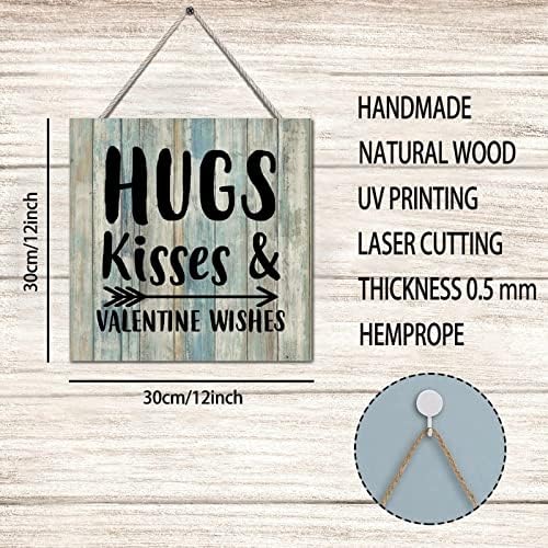 Wood znak Pozitivna riječ zagrljaje poljupce i valentinske želje vintage teal drvena zrna smiješna zidna umjetnost viseći znak s konopom