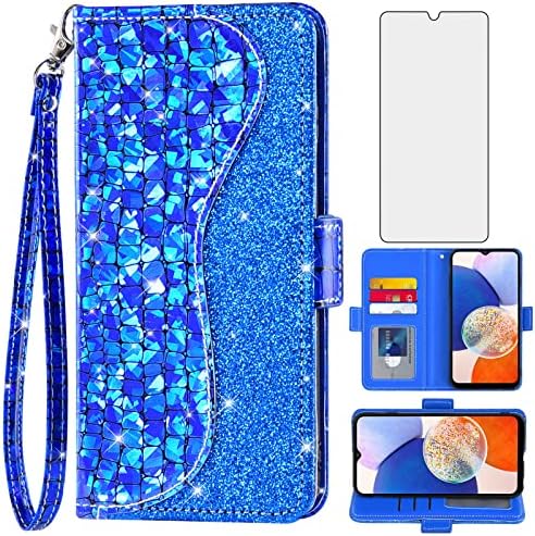 Asuwish futrola za Samsung Galaxy A14 5G s kaljenim zaštitnim zaslonom i zglob za zglob Flip Credit Card Holder Bling Glitter Stalak