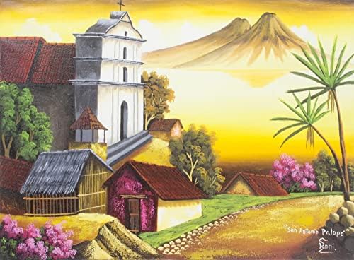 NOVICA primarne ili Draguljske boje žute pejzažne realističke Slike Slika iz Gvatemale 'San Antonio Palopo Ii'