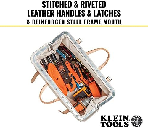 Klein Tools 5102-18 Torba za tešku torbu za prirodnu platnu, tota alata, višenamjenska torba sa širokim šarkama i kožnim ručicama,