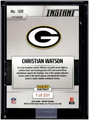 Christian Watson RC 2022 Panini Instant / 331 Rookie 109 Packers 3 TD-ov MT-MT + NFL Fudbal