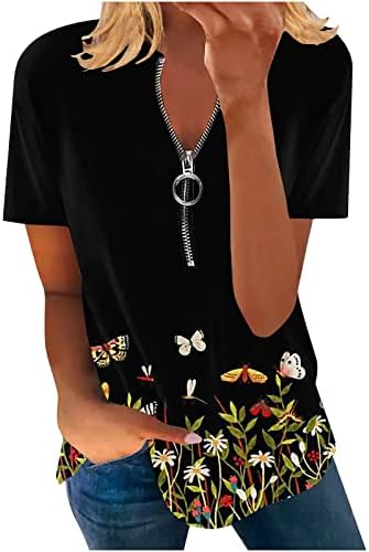 LCEPCY Womens cvjetni print V izrez kratkih rukava Tunika na vrhu Ležerne prilike ljetne boje labava majica sa patentnim zatvaračem