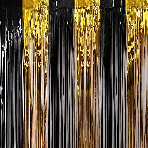 Geanlian Graduation zavjese od crne i zlatne folije 2 kom 3.3 ft x 8.2 ft, ukrasi za diplomiranje crno zlato laserska folija rubna