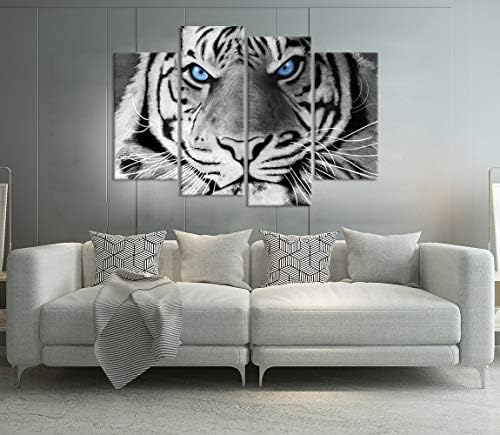 Zlove 4 Panel životinjsko platno zidna Umjetnost crno-bijela žestina tigar sa plavim očima slika divljih životinja slika na platnu