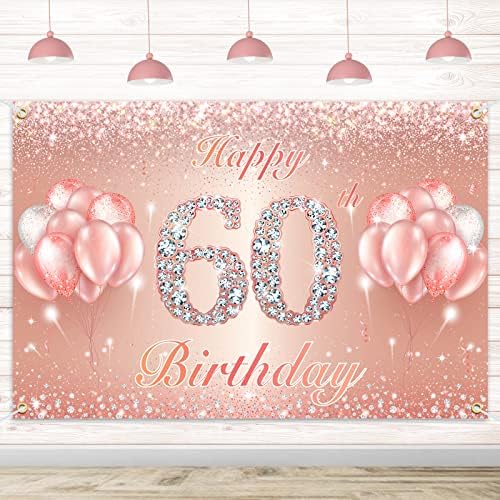 Happy 60. rođendan Banner Backdrop - 60 rođendanske ukrase za zabavu za žene ili muškarce - Rose Gold 4 x 6ft