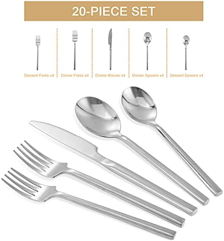 Set srebrnog posuđa od 20 komada Set pribora za jelo od nerđajućeg čelika servis za 4, Set posuđa uključuje nož/kašiku/viljušku za