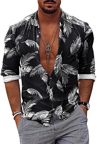 Beuu Havajske majice za muške, pad ljetovih muških gumba dolje ostavlja Boho tiskane opuštene majice na plaži