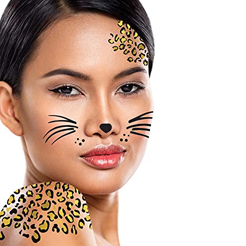 Leopard Face Privremeni tetovaža | Halloween Kostim tetovaže | Siguran na koži | Napravljen u SAD-u | Uklonljiv