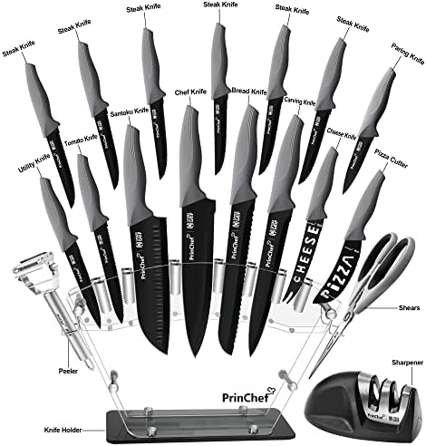 PrinChef set noža, 19 kom set noževa otpornih na rđu za kuhinju, sa akrilnim postoljem, Oštračem, škarama i Gulilicom, setovi noža