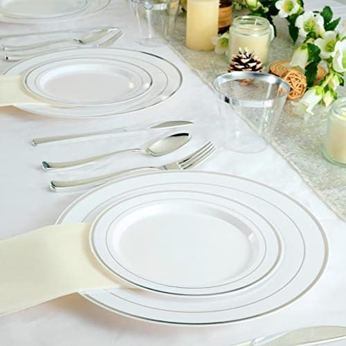 FOCUSLINE srebrne plastične ploče Set od 60, jednokratne plastične ploče za zabave sa srebrnim obodom 30 tanjira za večeru 10 i 30