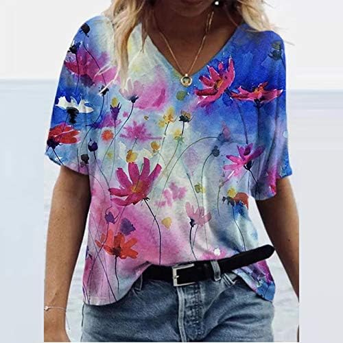 Ljetni vrhovi za žene, žensku casual scenski print V izrez T-majice Labavi kratki rukav vrhovi plus veličine Tunic Tee