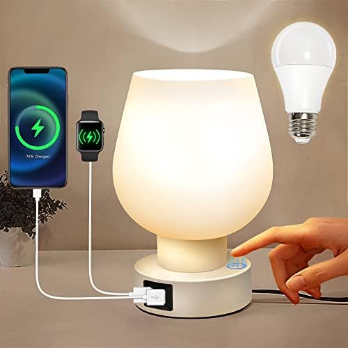 PwBarwq Touch lampe za spavaće sobe - noćne lampe sa 2 USB priključka za punjenje, 3-smjerna lampa za prikrivena noćna svjetla s bijelim opalom hladoljem od staklene lampe, topla LED žarulja