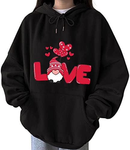 Hoodie zaljubljenih za žene za žene prevelizirani slatki srčani gnomi pulover duksela s kapuljačom, tužna majica dugih rukava