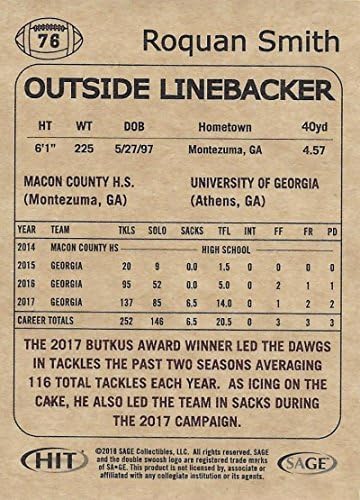 2018 Sage Hit Premier Drach 76 Ročan Smith Georgia Bulldogs Rc Rookie Football Card