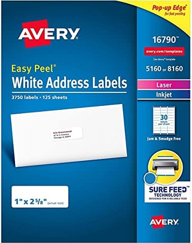 Avery easy Peel adresne naljepnice, trajno ljepilo, 1 x 2-5/8, 3750 etiketa