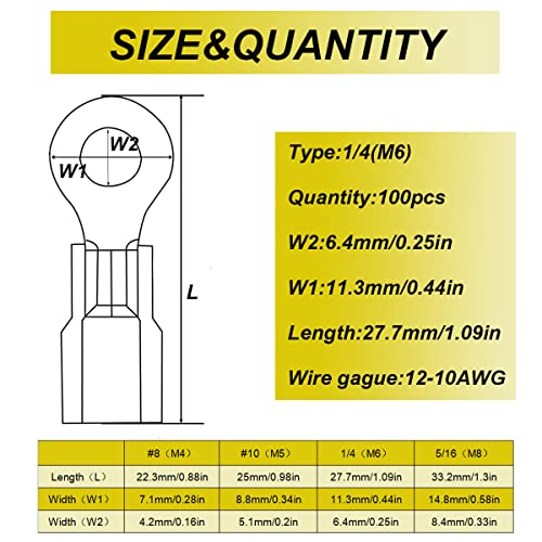 smseace 100kom 1/4 izolovani prstenasti terminali Žuti O-Tip žičani konektor električni crimp Terminal AWG12-10 konektori asortiman