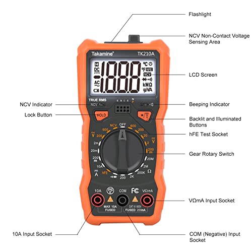 Takamine Digitalni multimetar sa OHM testom i voltnom metru AMP-a, DC AC digitalni voltmetar, NCV funkcija, rasvjeta, nosač i magnetska