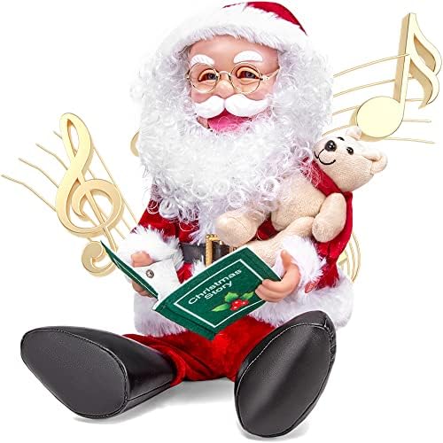 Elamas 13 Animirani Dekoracija figurica Santa Claus - Božićna animatora Santa igračaka sa toplim zvučnim pripovjedama, pokret - zatvoreni Xmas poklon sjedeći stil Santa Figura sa knjigom, medvjed