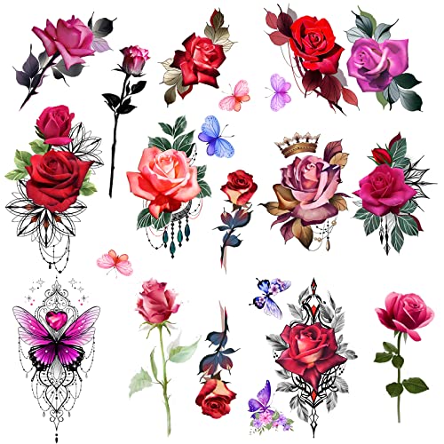 Roarhowl zadivljujuće ruže cvijeće privremene tetovaže, velike ruže lažne tetovaže za žene, set ružičaste tetovaže