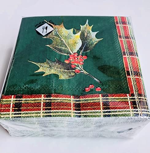 40-CT 5x5 zimski bobični lišće zelenilo salvete | Zelena holly zimska salveta | Dekorativne papirne salvete | Decoupage Papir salvete